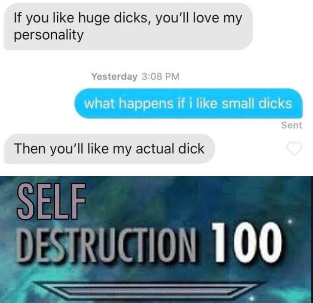 dank memes reddit - website - If you huge dicks, you'll love my personality Yesterday what happens if i small dicks Sent Then you'll my actual dick Self Destruction 100