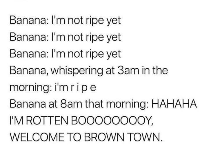 clean memes - Banana I'm not ripe yet Banana I'm not ripe yet Banana I'm not ripe yet Banana, whispering at 3am in the morning i'm ripe Banana at 8am that morning Hahaha I'M Rotten BOO00000OY, Welcome To Brown Town.