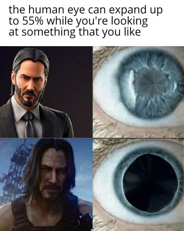 cyberpunk 2077 memes - eye - the human eye can expand up to 55% while you're looking at something that you