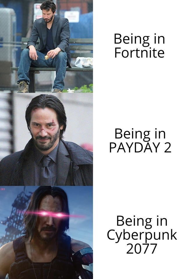 wholesome Keanu Reeves meme about glasses - Being in Fortnite Being in Payday 2 003 Being in Cyberpunk 2077