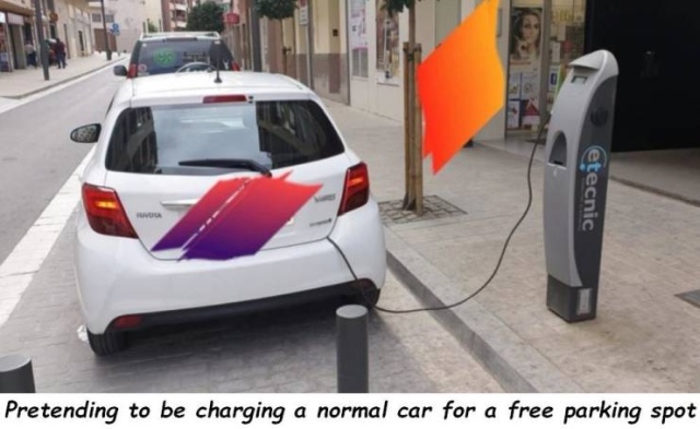 Joke - etecnic Pretending to be charging a normal car for a free parking spot
