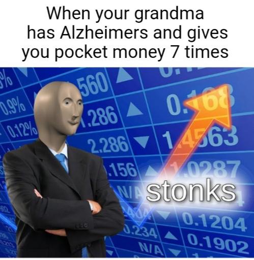 stonks meme - human behavior - When your grandma has Alzheimers and gives you pocket money 7 times 70 560 .286 A Un 0.08 0,12% 2.286 1.4563 1.156 0287 Na stonks 404 Bel 0.1204 A 0.1902