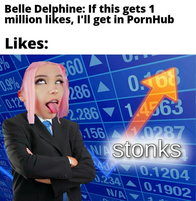 stonks meme - presentation - Belle Delphine If this gets 1 million , I'll get in PornHub 60 286 A Un 0.468 2.286 1.4563 1.156 V 0287 W. Stonks 10.1204 at NAT902 0.234 A 0.1902