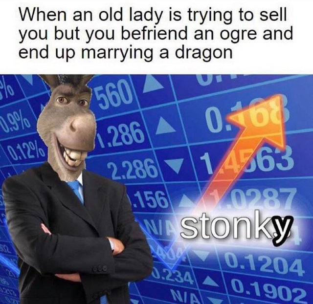 stonks meme - Meme - When an old lady is trying to sell you but you befriend an ogre and end up marrying a dragon 6.286 A 0.08 2.286 14563 1.156 0287 We stonky A 0.1204 A Nas 0.190