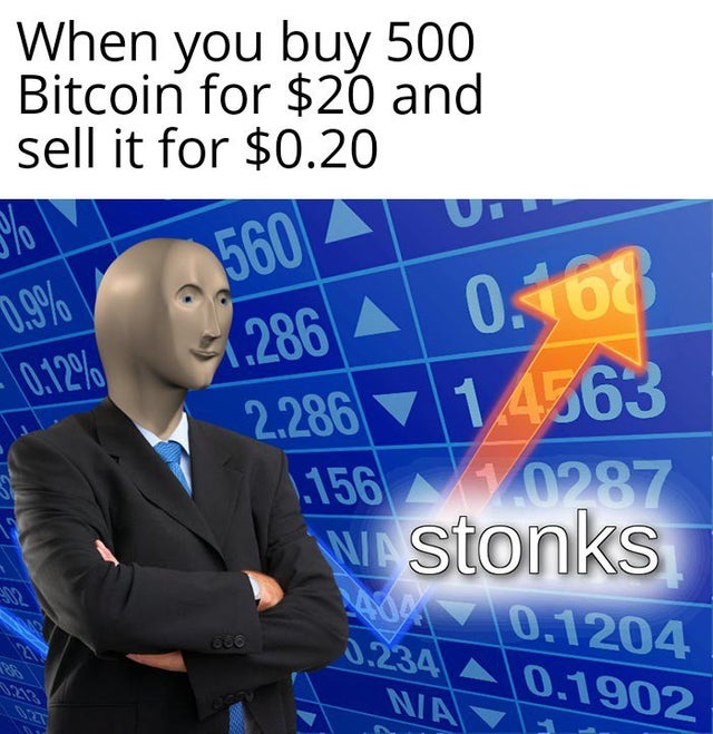 stonks meme - Internet meme - When you buy 500 Bitcoin for $20 and sell it for $0.20 S 1560 1286 A U. 0.108 0.12% 2.286 14363 156 0297 W. Stonks 10.1204 3.234 A 0.1902 NaL1902