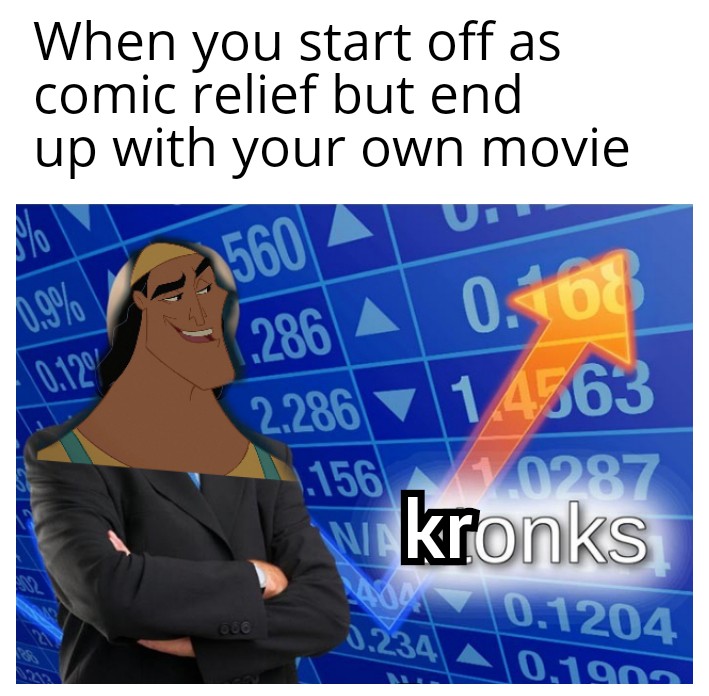 stonks meme - human behavior - When you start off as comic relief but end up with your own movie 1560 286 A Un 0.08 2.286 1,4363 1.156_ V0287 we kronks 0.1204 0.10n