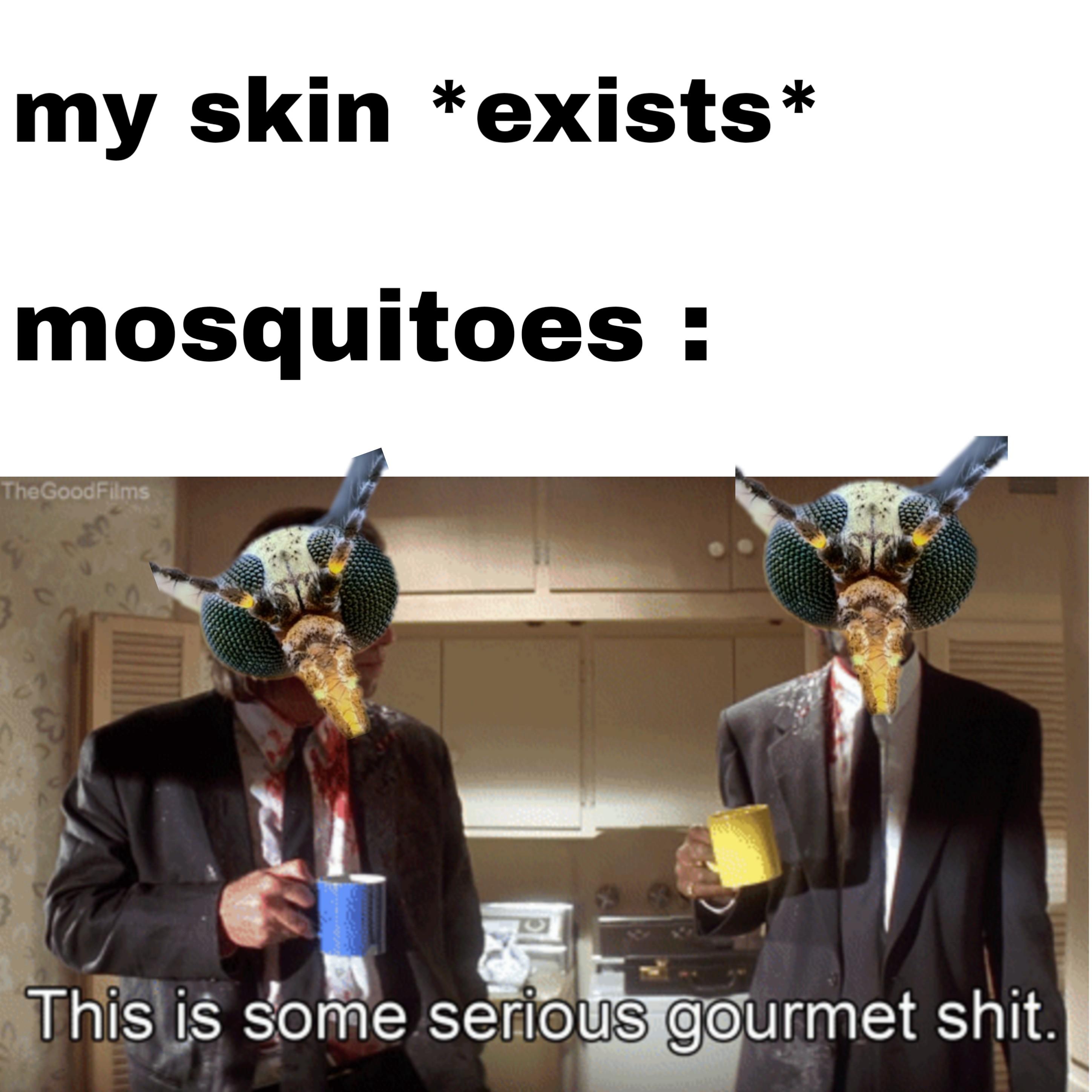 Mosquito meme that says gourmet shit - my skin exists mosquitoes The Good Films This is some serious gourmet shit.