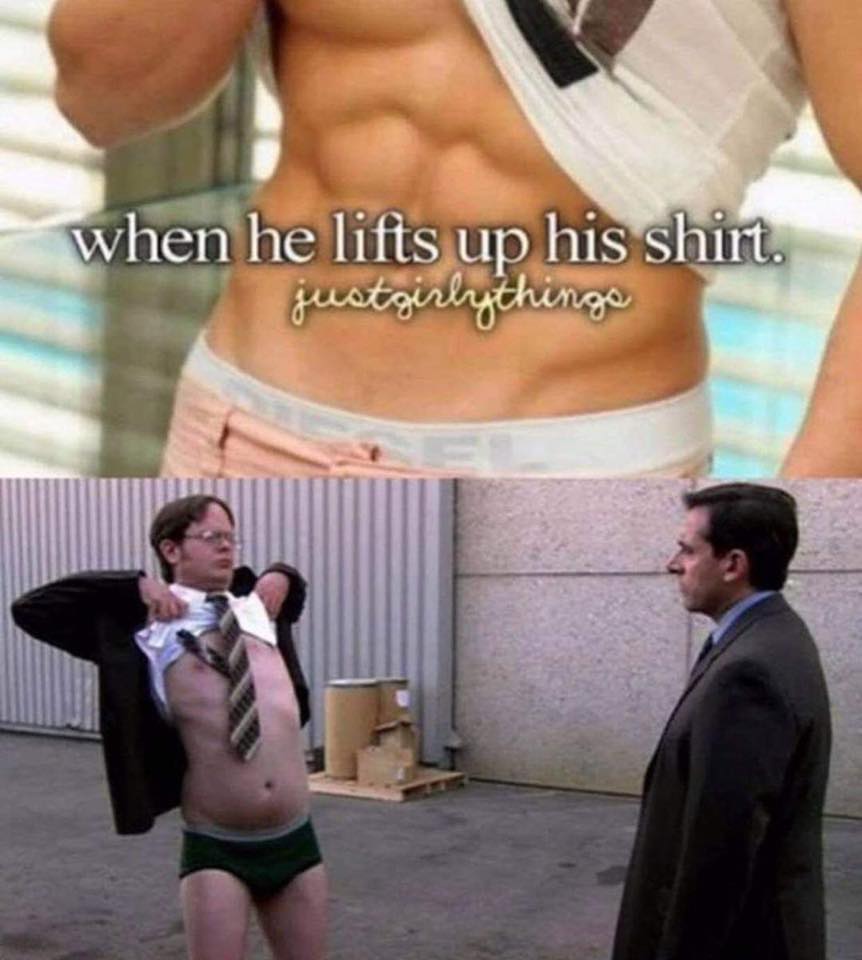 the office memes - jim as dwight schrute - when he lifts up his shirt. justgirly things