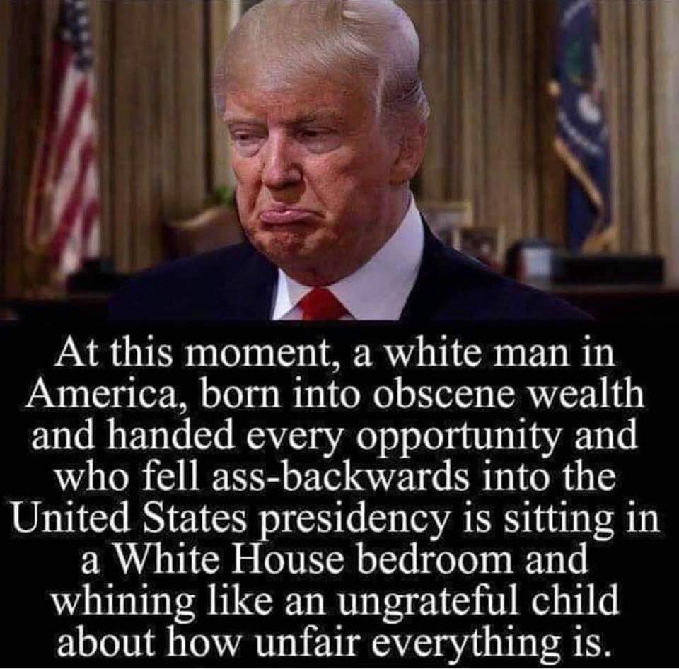 photo caption - At this moment, a white man in America, born into obscene wealth and handed every opportunity and who fell assbackwards into the United States presidency is sitting in a White House bedroom and whining an ungrateful child about how unfair