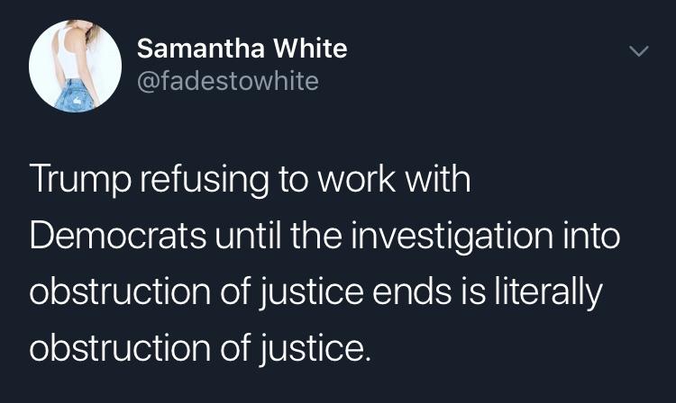 funny quotes - Samantha White Trump refusing to work with Democrats until the investigation into obstruction of justice ends is literally obstruction of justice.