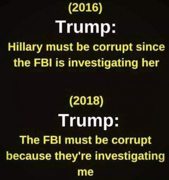sign - 2016 Trump Hillary must be corrupt since the Fbi is investigating her 2018 Trump The Fbi must be corrupt because they're investigating me