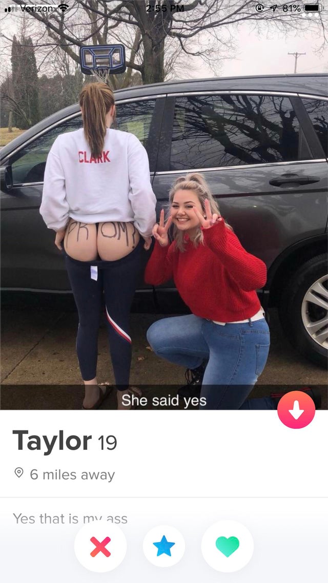 Funny tinder profile - photograph - Verizon 255 Pm @ 4 81% Clark She said yes Taylor 19 6 miles away Yes that is my ass