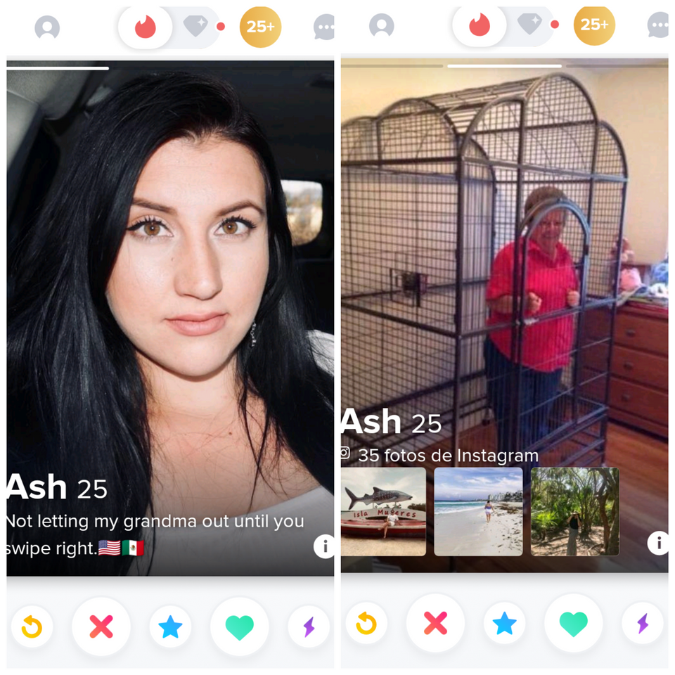 Funny tinder profile - grandma in cage meme - Ash 25 35 fotos de Instagram Ash 25 Not letting my grandma out until you swipe right. Zo