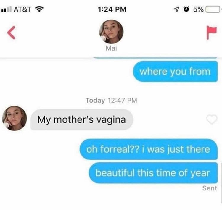 Tinder pickup lines - Humour - Mai where you from Today My mother's vagina oh forreal?? i was just there beautiful this time of year Sent