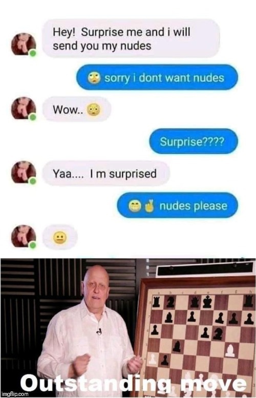 Tinder pickup lines - funny outstanding move memes - Hey! Surprise me and I will send you my nudes sorry i dont want nudes Wow.. Surprise???? Yaa.... Im surprised ed nudes please 23 Outstanding imgflip.com