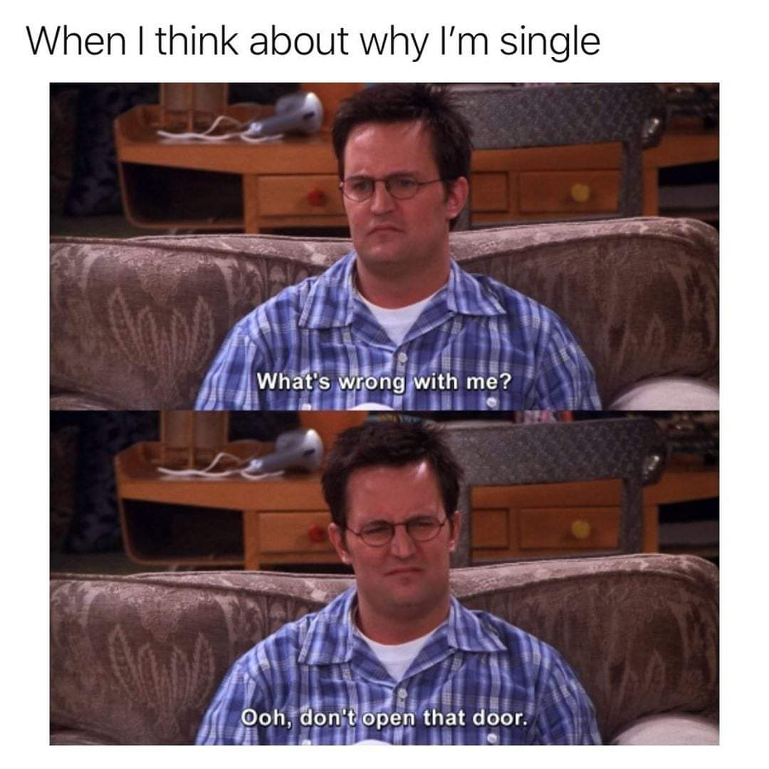 Depression meme - what's wrong with me don t open - When I think about why I'm single What's wrong with me? Ooh, don't open that door.