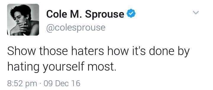 Depression meme - Cole M. Sprouse Show those haters how it's done by hating yourself most. . 09 Dec 16