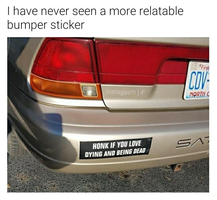 trunk - Thave never seen a more relatable bumper sticker Instagasm if North Honk If You Love Dying And Being Dead
