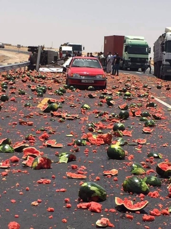 accident with watermelons all over road