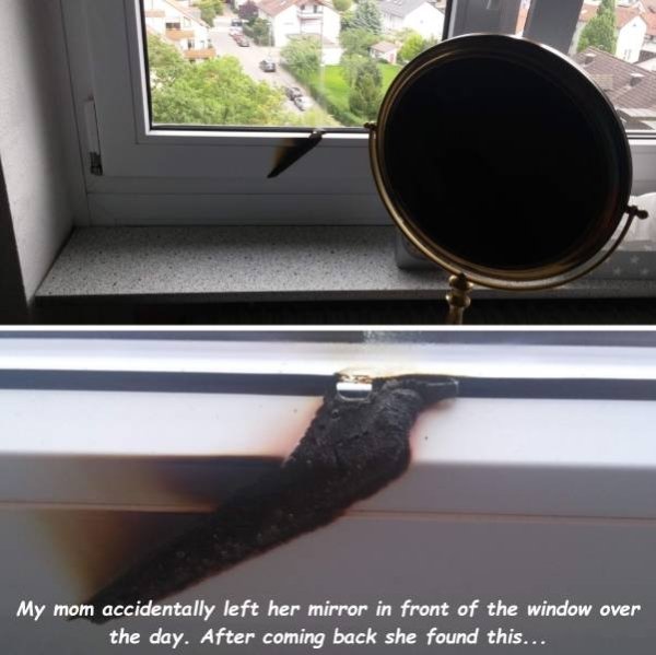 Mirror - My mom accidentally left her mirror in front of the window over the day. After coming back she found this...