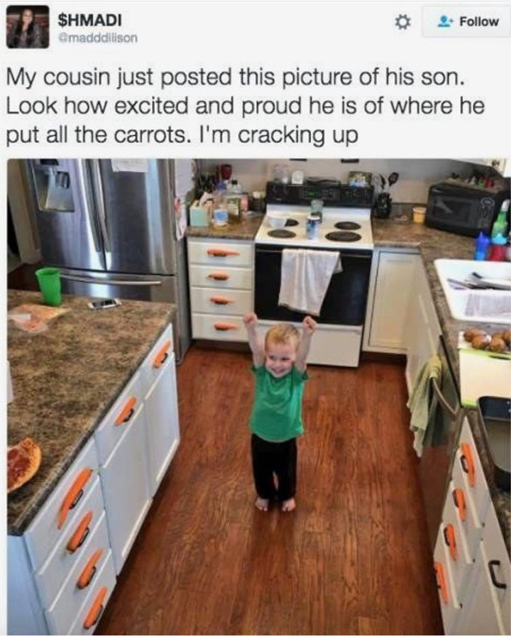 funny picture - my cousin just posted this picture of his son - $Hmadi Omadddison My cousin just posted this picture of his son. Look how excited and proud he is of where he put all the carrots. I'm cracking up