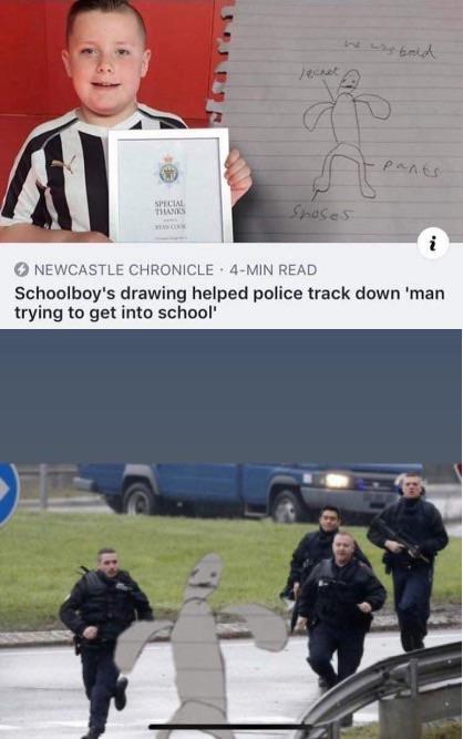 funny picture - baker mayfield running from cops - Special Thanks Spaces Newcastle Chronicle 4Min Read Schoolboy's drawing helped police track down 'man trying to get into school'