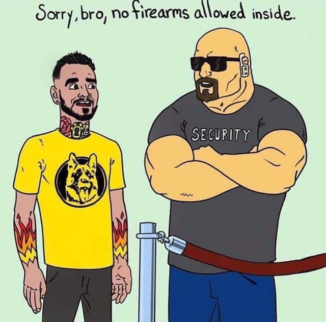 funny picture - no firearms allowed meme - Sorry, bro, no firearms allowed inside.