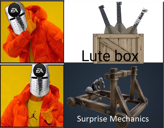 Loot boxes are surprise mechanics meme in the Drake meme format