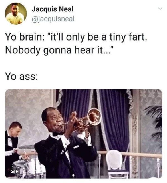 just a tiny fart meme - Jacquis Neal Yo brain "it'll only be a tiny fart. Nobody gonna hear it..." Yo ass Gif