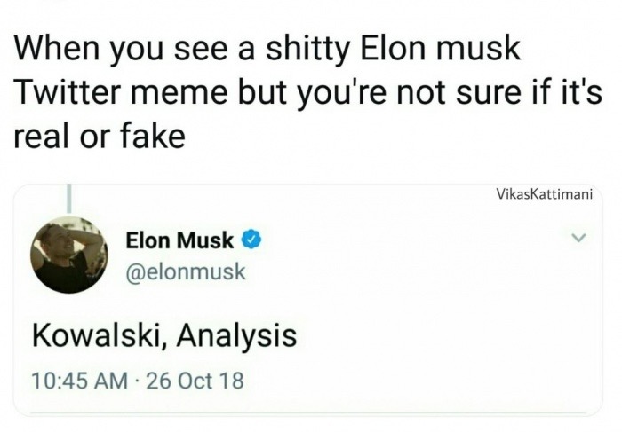 kowalski analysis elon musk - When you see a shitty Elon musk Twitter meme but you're not sure if it's real or fake Vikaskattimani Elon Musk Kowalski, Analysis 26 Oct 18
