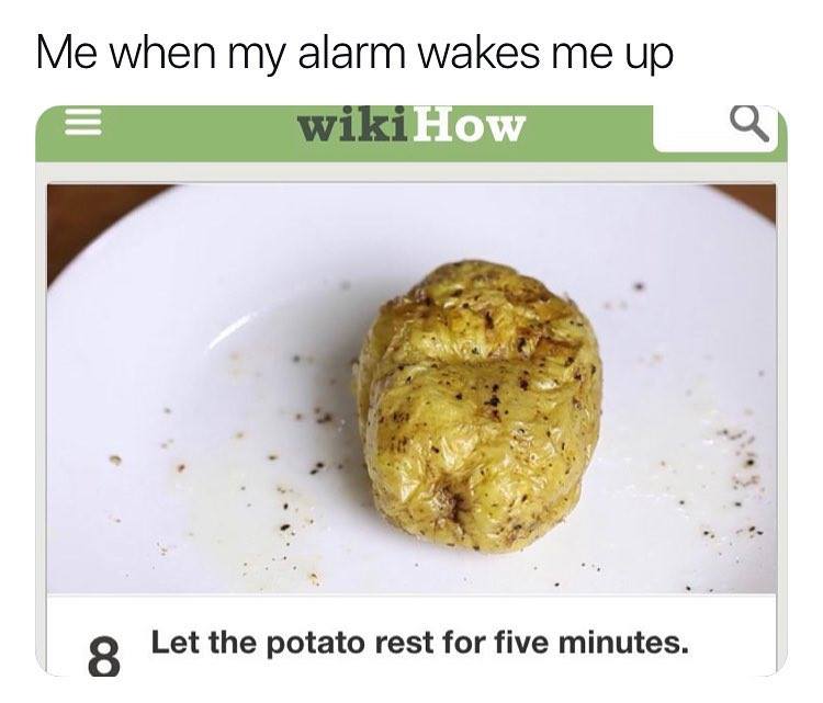 work meme - let the potato rest for 5 minutes - Me when my alarm wakes me up wikiHow E | Let the potato rest for five minutes.