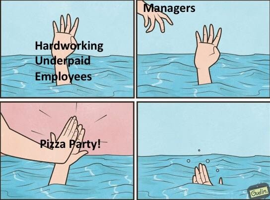 work meme - pizza party meme drowning - | Managers Hardworking Underpaid Employees Rizza Party! Gudin.