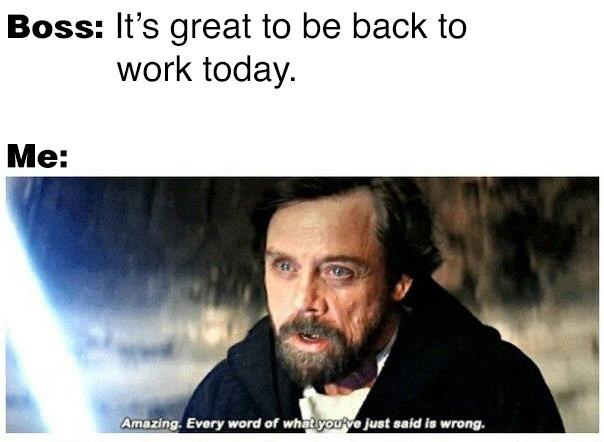 work meme - first day back to work - Boss It's great to be back to work today. Me Amazing. Every word of what youve just said is wrong.