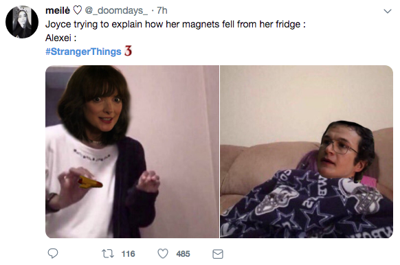 stranger things 3 meme - me explaining to my mom meme - meil .7h Joyce trying to explain how her magnets fell from her fridge Alexei Things 3 t2 116 485