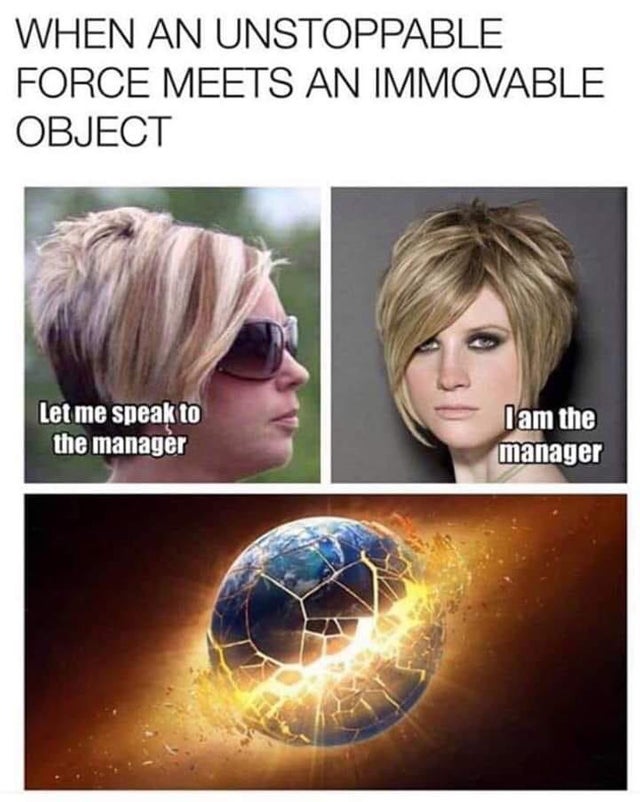 Karen Memes - When An Unstoppable Force Meets An Immovable Object Let me speak to the manager I am the manager
