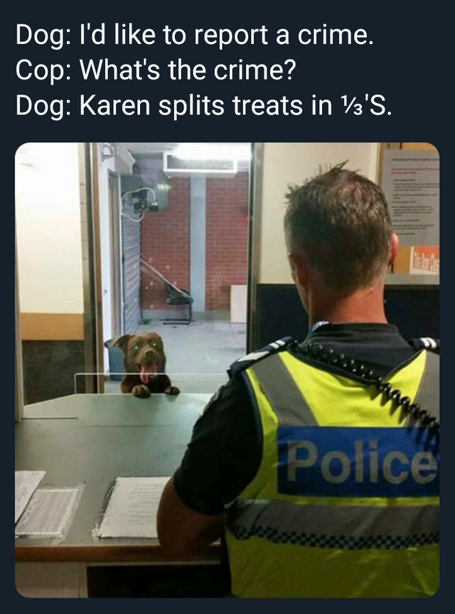 Karen Memes - gog I'd to report a crime. Cop What's the crime? Dog Karen splits treats in 13'S. Police