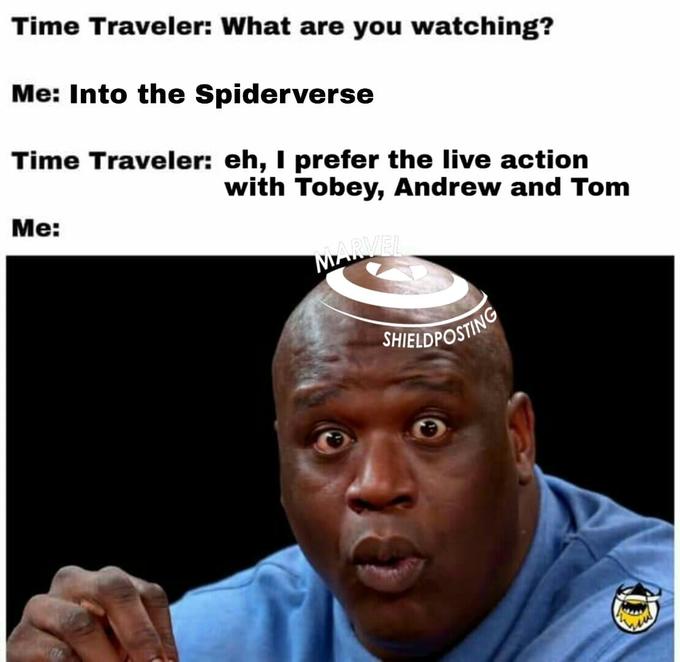 Time Traveler What are you watching? Me Into the Spiderverse Time Traveler eh, I prefer the live action with Tobey, Andrew and Tom Me M Shieldposti Osting
