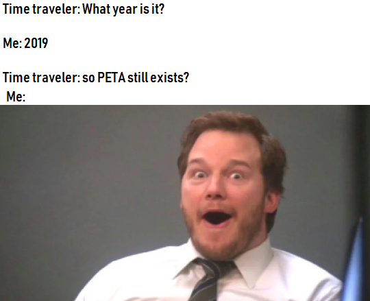 time traveler conversation meme with chris pratt about peta.
