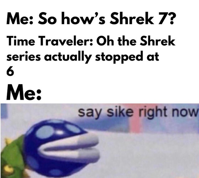 time traveler conversation meme about shrek 7