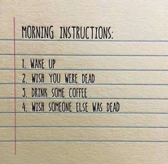 wish i was dead quotes - Morning Instructions 1. Wake Up 2. Wish You Were Dead J. Drink Some Coffee 4. Wish Someone Else Was Dead