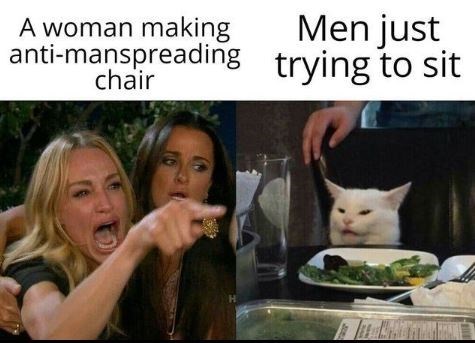 meme - A woman making antimanspreading chair Men just trying to sit