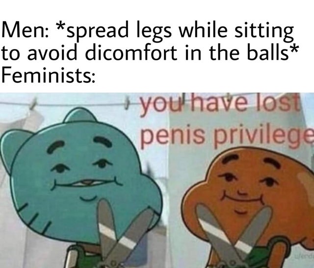 meme - you lost your penis privilege - Men spread legs while sitting to avoid dicomfort in the balls Feminists you have lost penis privilege