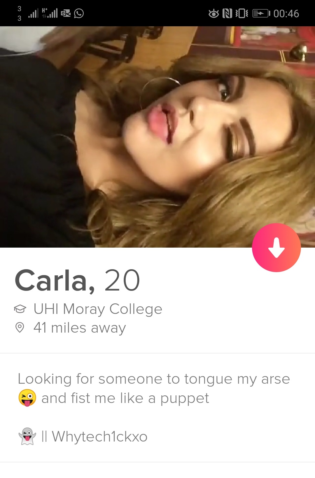 Carla, 20 Uhi Moray College 0 41 miles away Looking for someone to tongue my arse 29 and fist me like a puppet