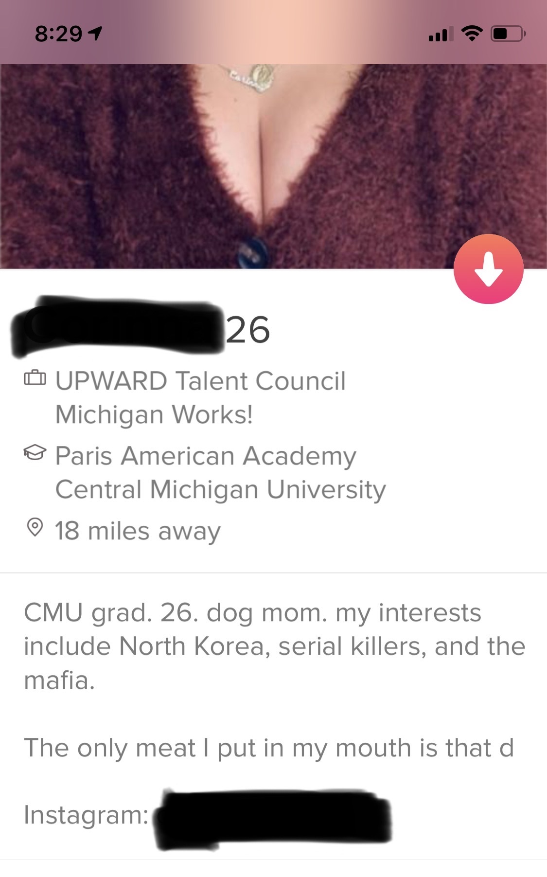 Paris American Academy Central Michigan University 18 miles away Cmu grad. 26. dog mom. my interests include North Korea, serial killers, and the mafia. The only meat I put in my mouth is that d Instagram