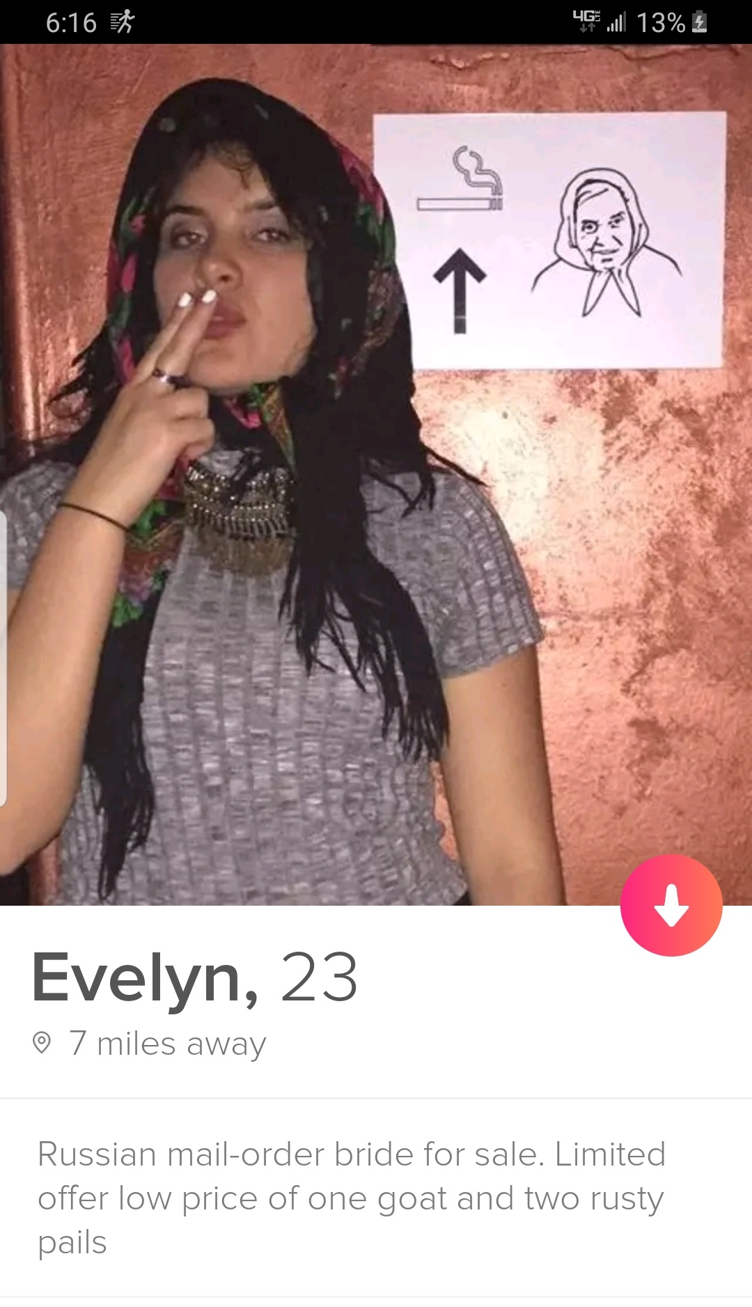 Evelyn, 23 7 miles away Russian mailorder bride for sale. Limited offer low price of one goat and two rusty pails