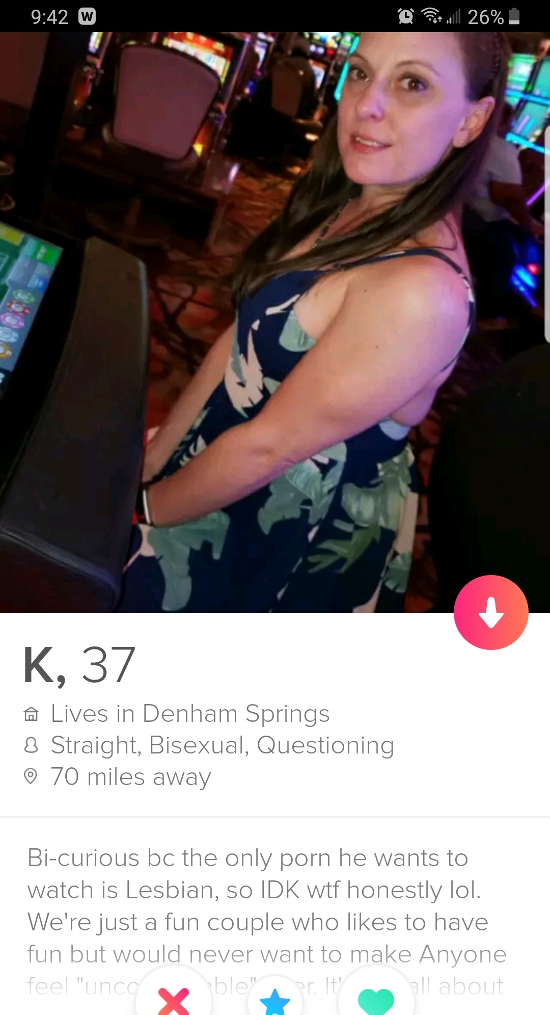 K, 37 A Lives in Denham Springs 8 Straight, Bisexual, Questioning 70 miles away Bicurious bc the only porn he wants to watch is Lesbian, so Idk wtf honestly lol. We're just a fun couple who to have fun but would never want to make Anyone…