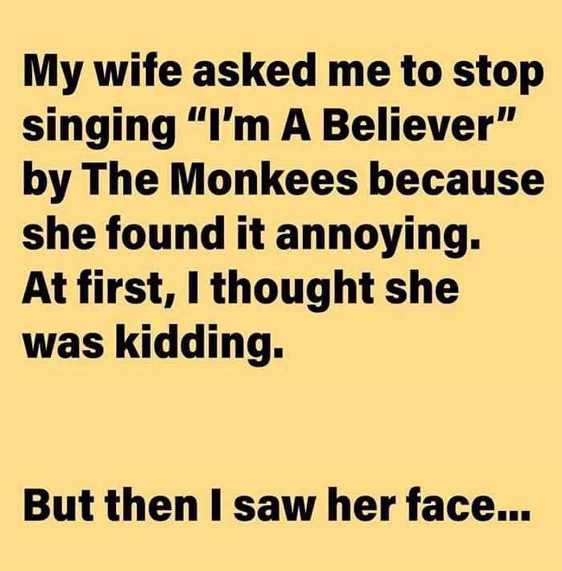 The Monkees - My wife asked me to stop singing "I'm A Believer" by The Monkees because she found it annoying. At first, I thought she was kidding. But then I saw her face...