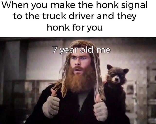 clean meme - When you make the honk signal to the truck driver and they honk for you 7 year old me