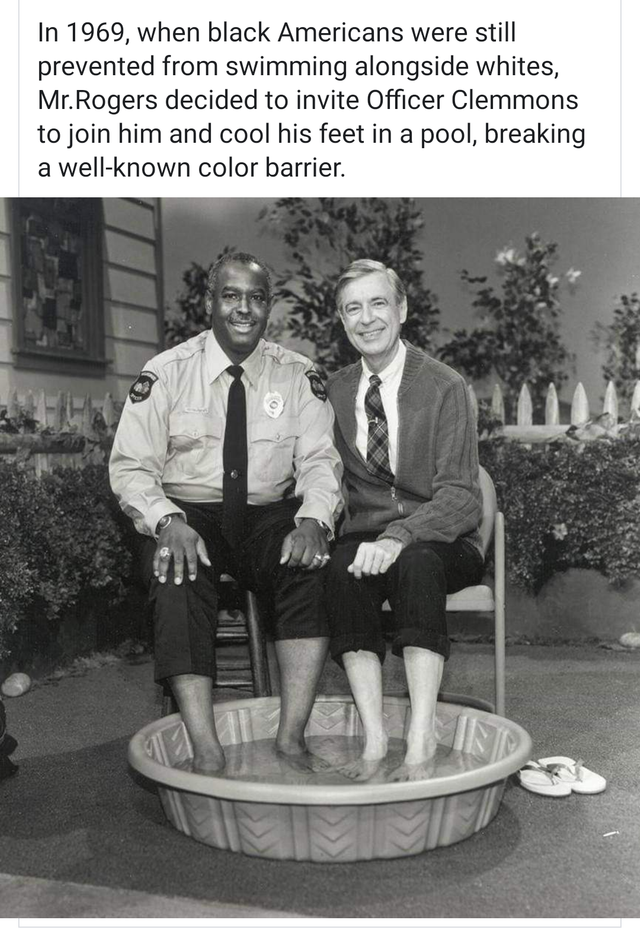clean meme - françois clemmons - In 1969, when black Americans were still prevented from swimming alongside whites, Mr. Rogers decided to invite Officer Clemmons to join him and cool his feet in a pool, breaking a wellknown color barrier.