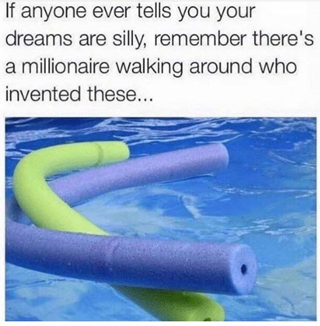 clean meme - pool noodle - If anyone ever tells you your dreams are silly, remember there's a millionaire walking around who invented these...